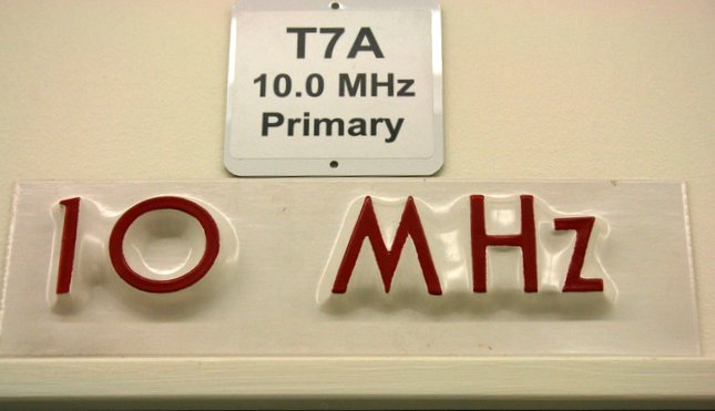 The sign above WWV's primary 10 MHz transmitter (2014).