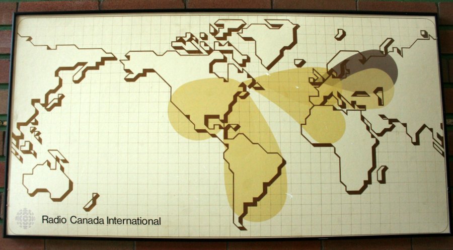A poster of RCI's propagation map which was found hanging in the foyer of the RCI Sackville transmitting site. This photo was taken by Thomas Witherspoon in June, 2012; only months before the site was shut down.