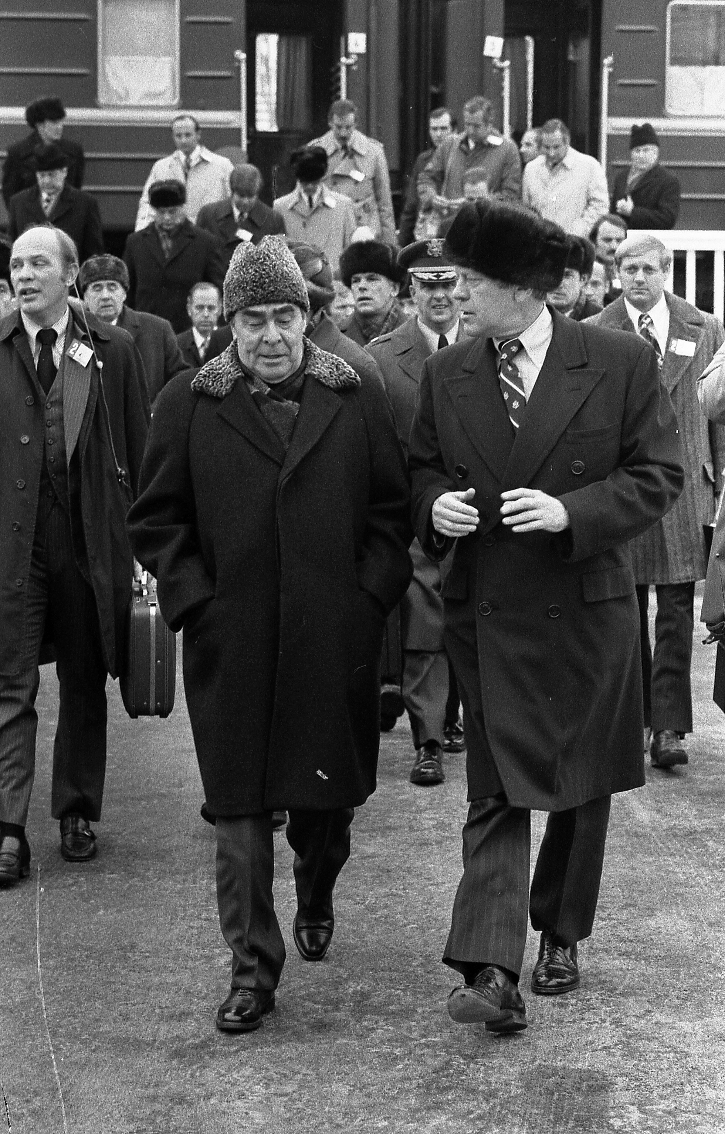 Brezhnev greets Gerald Ford upon his arrival at Vozdvizhenka for the Vladivostok Summit on 23 November 1974.