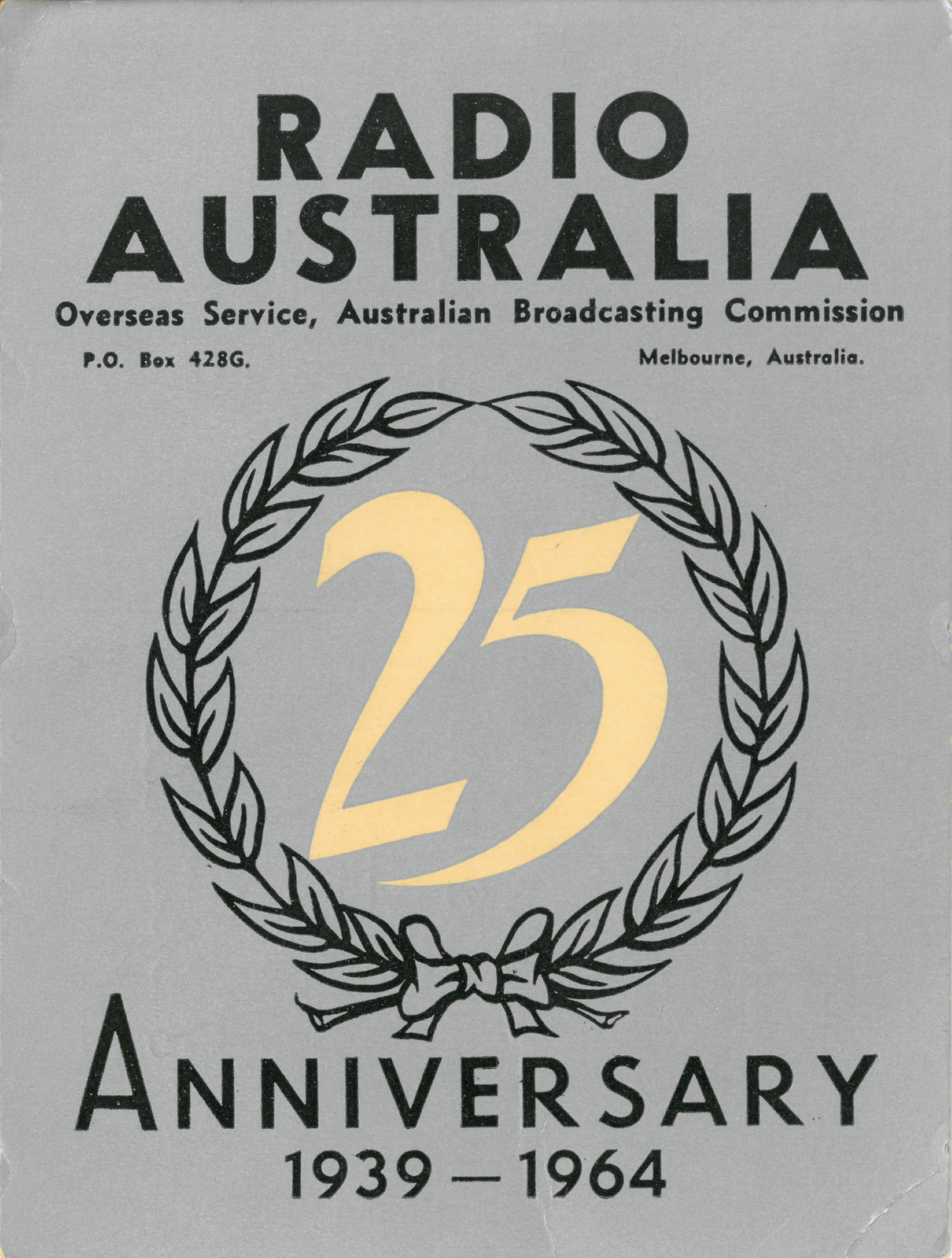 The front of a Radio Australia QSL card received for a report on reception in Toronto of a transmission on 11840 kHz at 19:30 UTC on 23 December 1964.