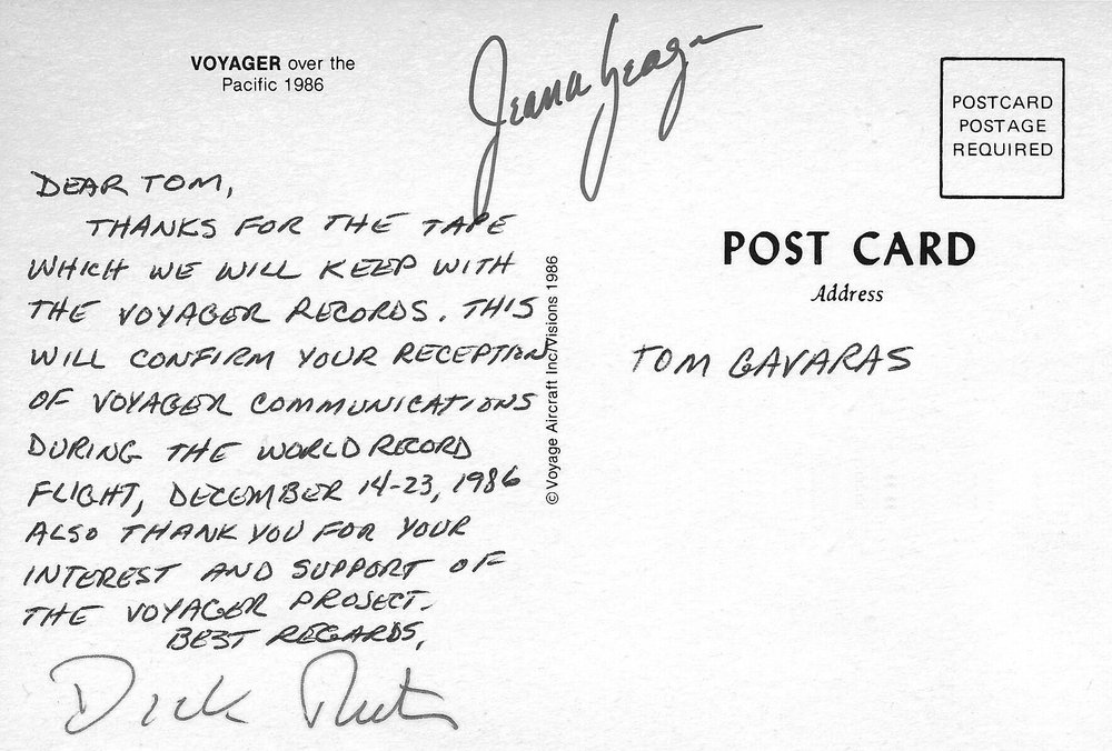 Tom Gavaras’ QSL card reply from the Voyager team.