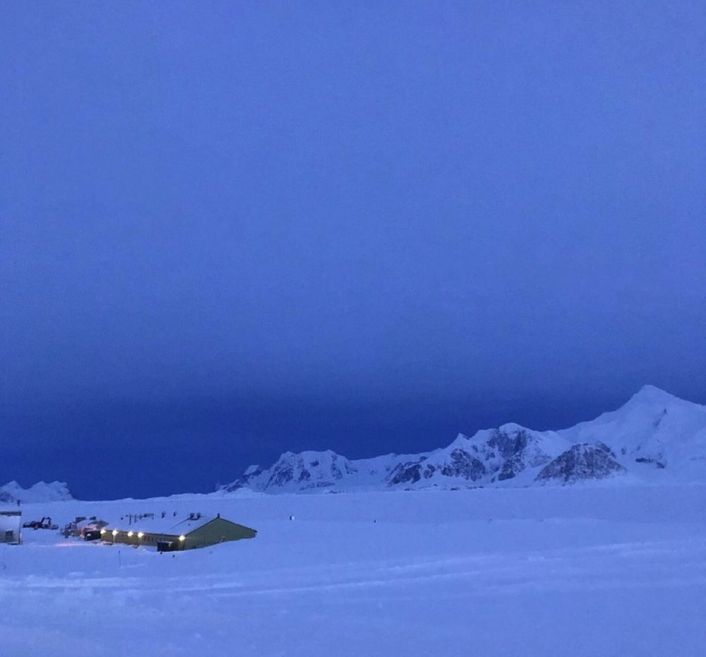Midday at Rothera Research Station in midwinter. Credit: Klara Weaver, Rothera Research Station.