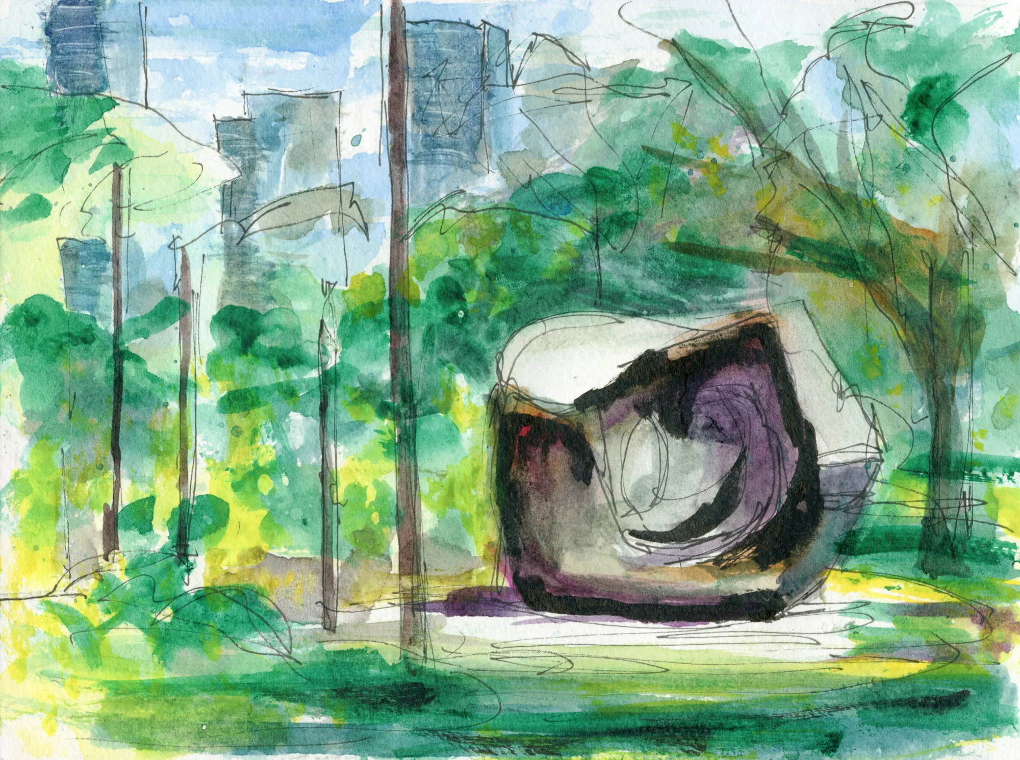 View from a Bench in Grange Park (Inspired by "Large Two Forms" bronze sculpture by Henry Moore)