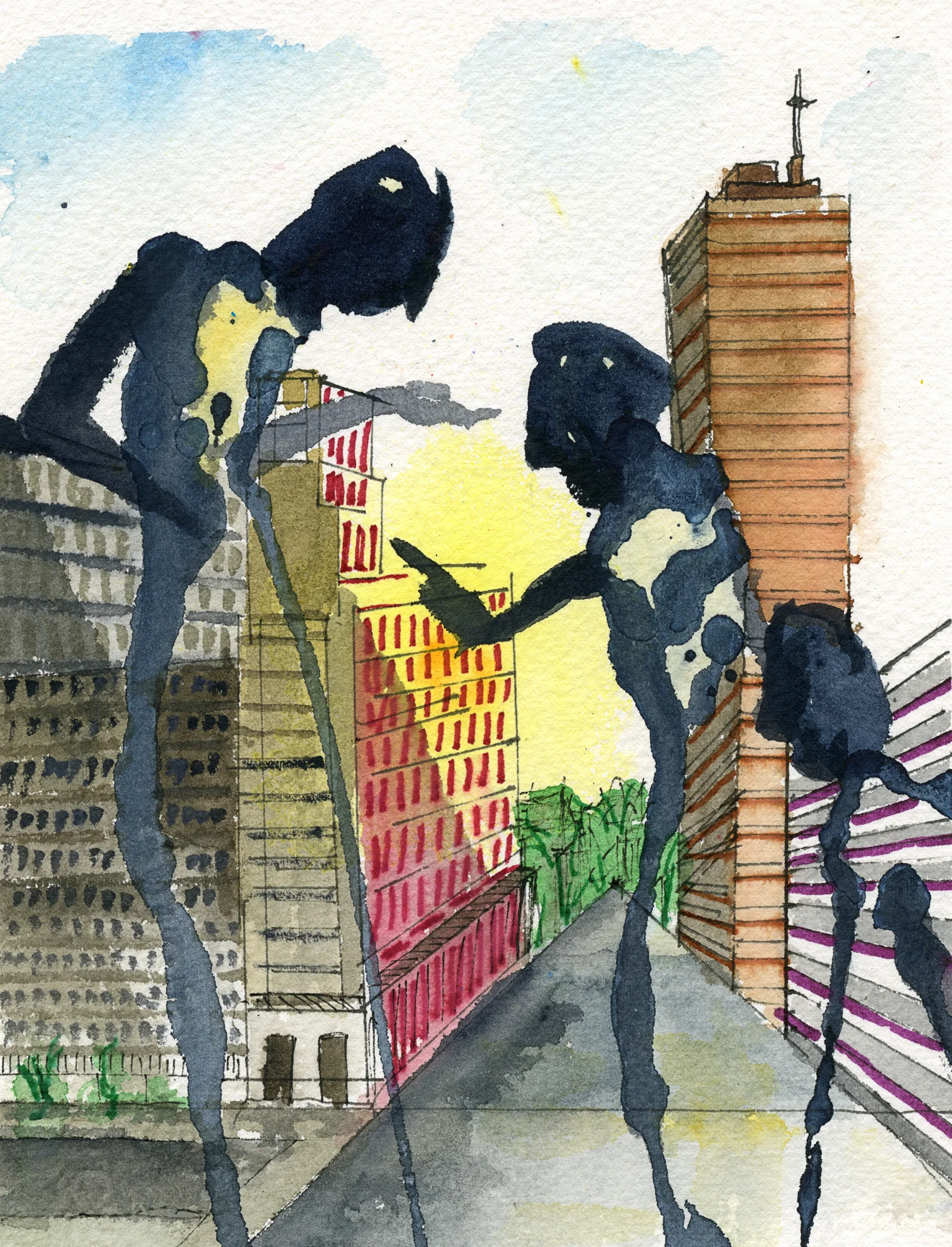“Here is a tall bold slugger set vivid against the little soft cities” Watercolor, ink, and marker on paper. 7" X 8.5"