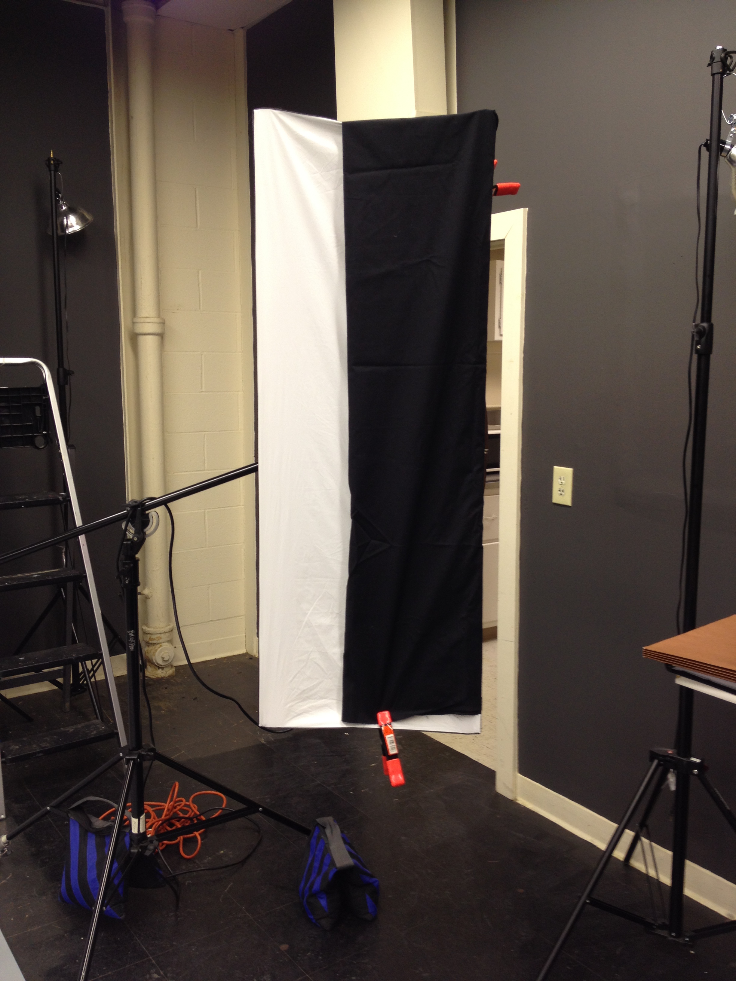 The 20" Rotalux strip box cut in 1/2. Simply clamped on a piece of heavy black fabric.