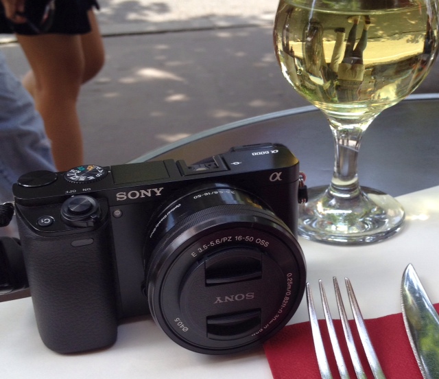 Paris cafe, a glass of wine & my Sony A6000 with the kit lens