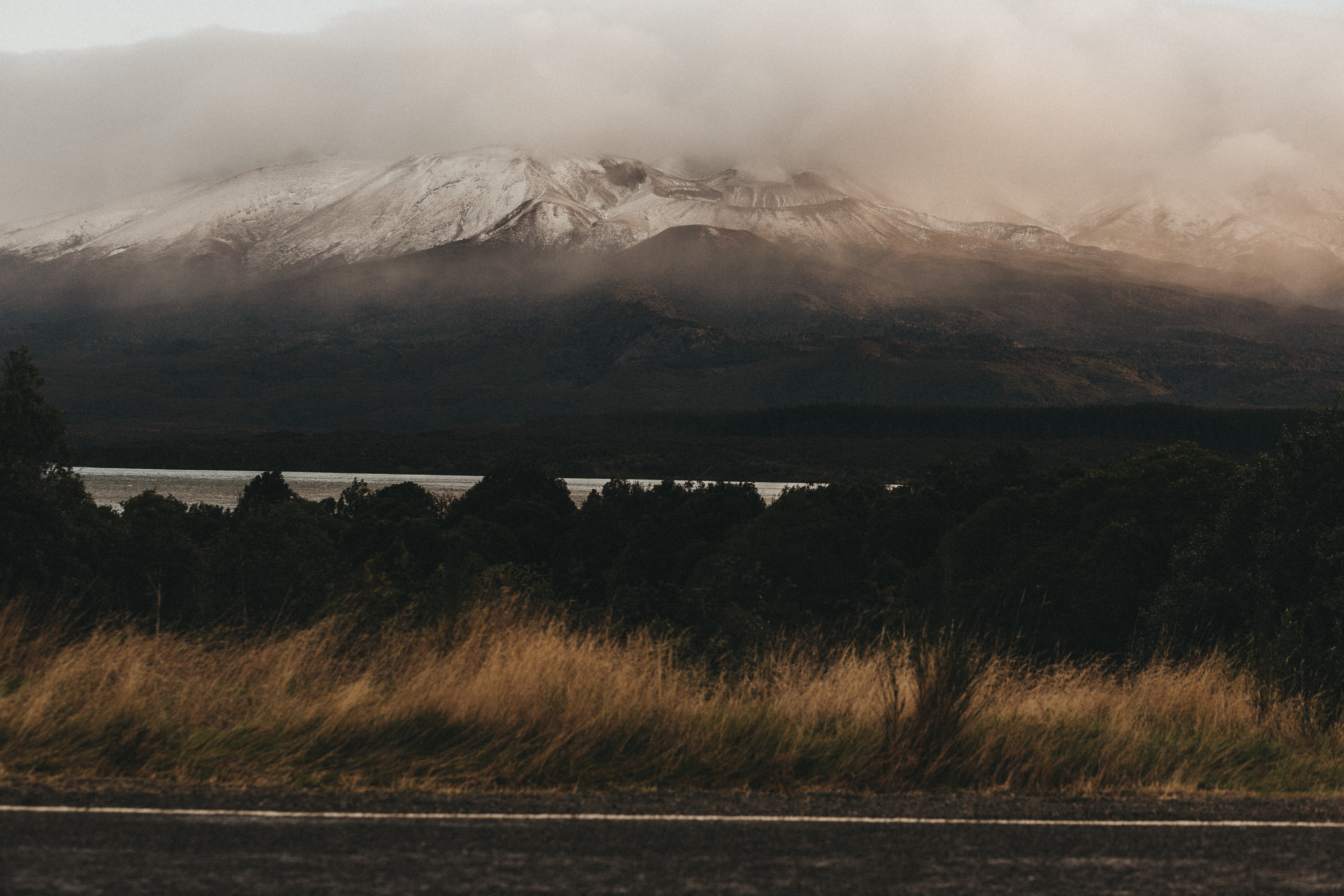 Day Two: views from the car as we drive past the volcanic mountains and Lake Rotoaira at sunset.