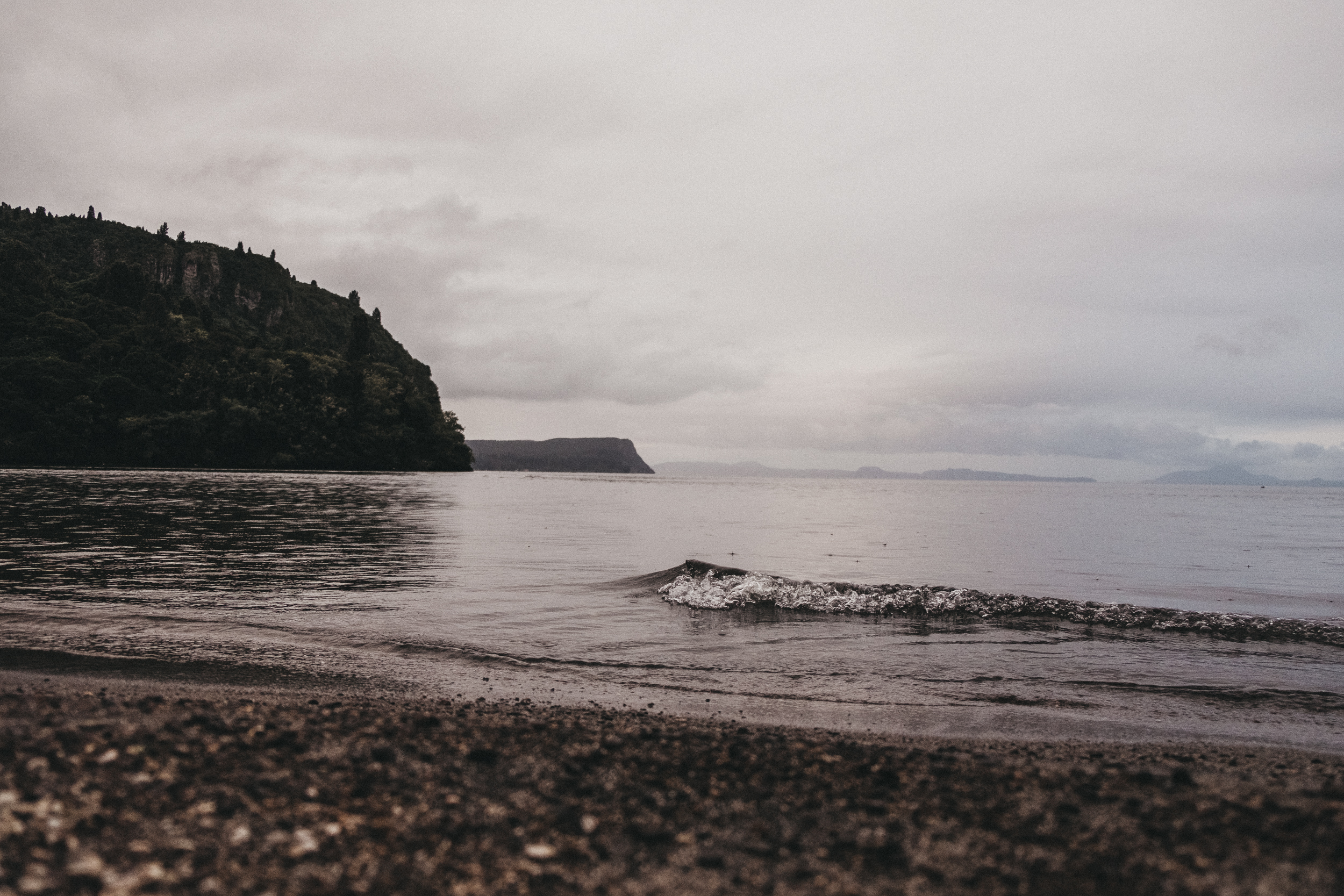 Day Three: small waves lapping on Lake Taupo's foreshore just before nightfall, photo by Nick (@nickforge)