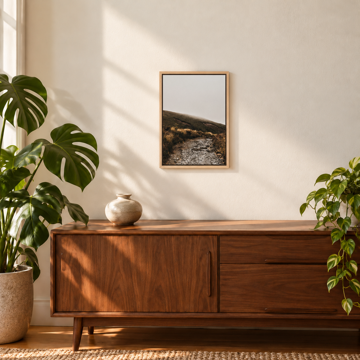 Small framed art above walnut sideboard.png