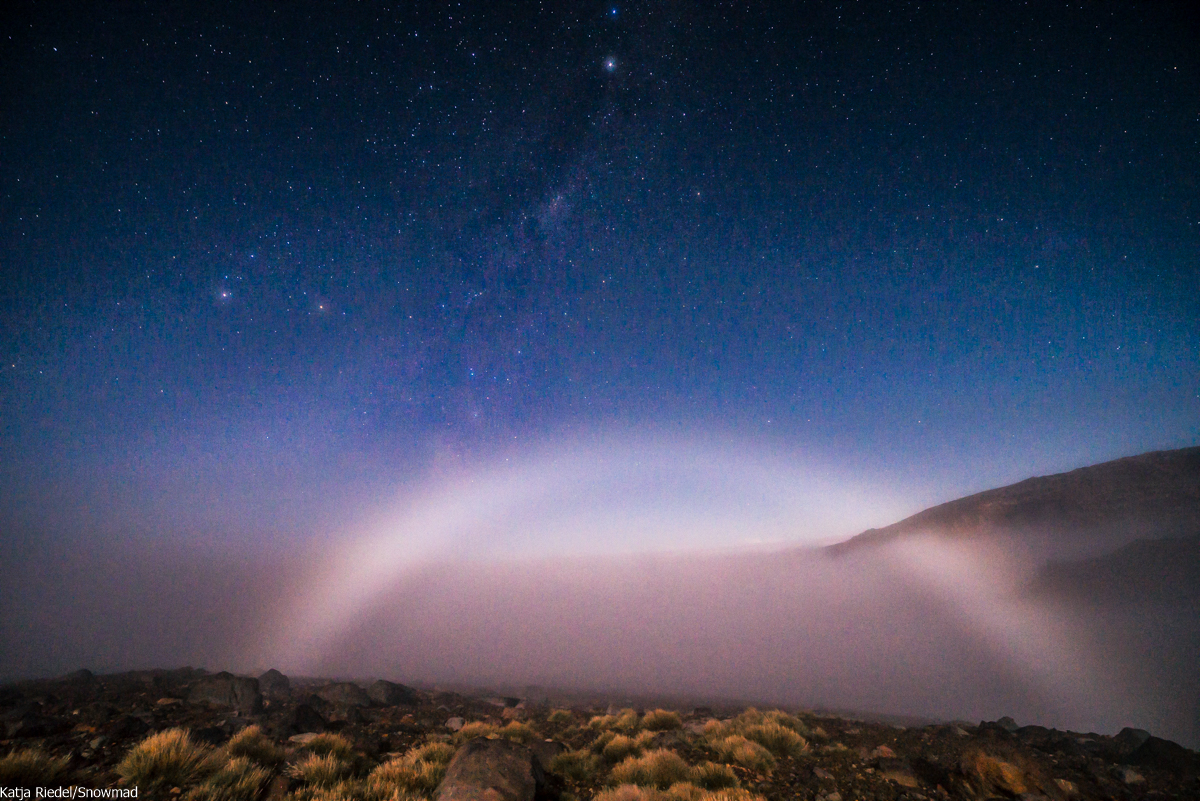 Fogbow created by the moon light. Taken at midnight from Tukino Lodge on Mt Ruapehu