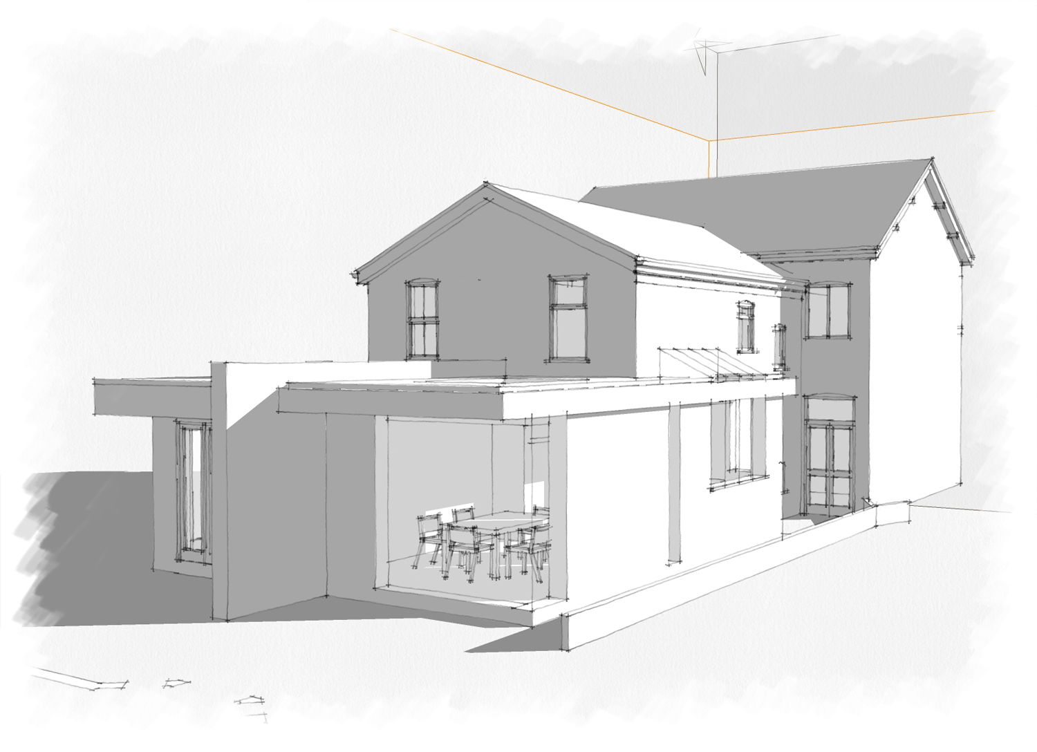Concept Design : Contemporary rear flat roof extension with side concertina doors and full height glazing strip to kitchen area 