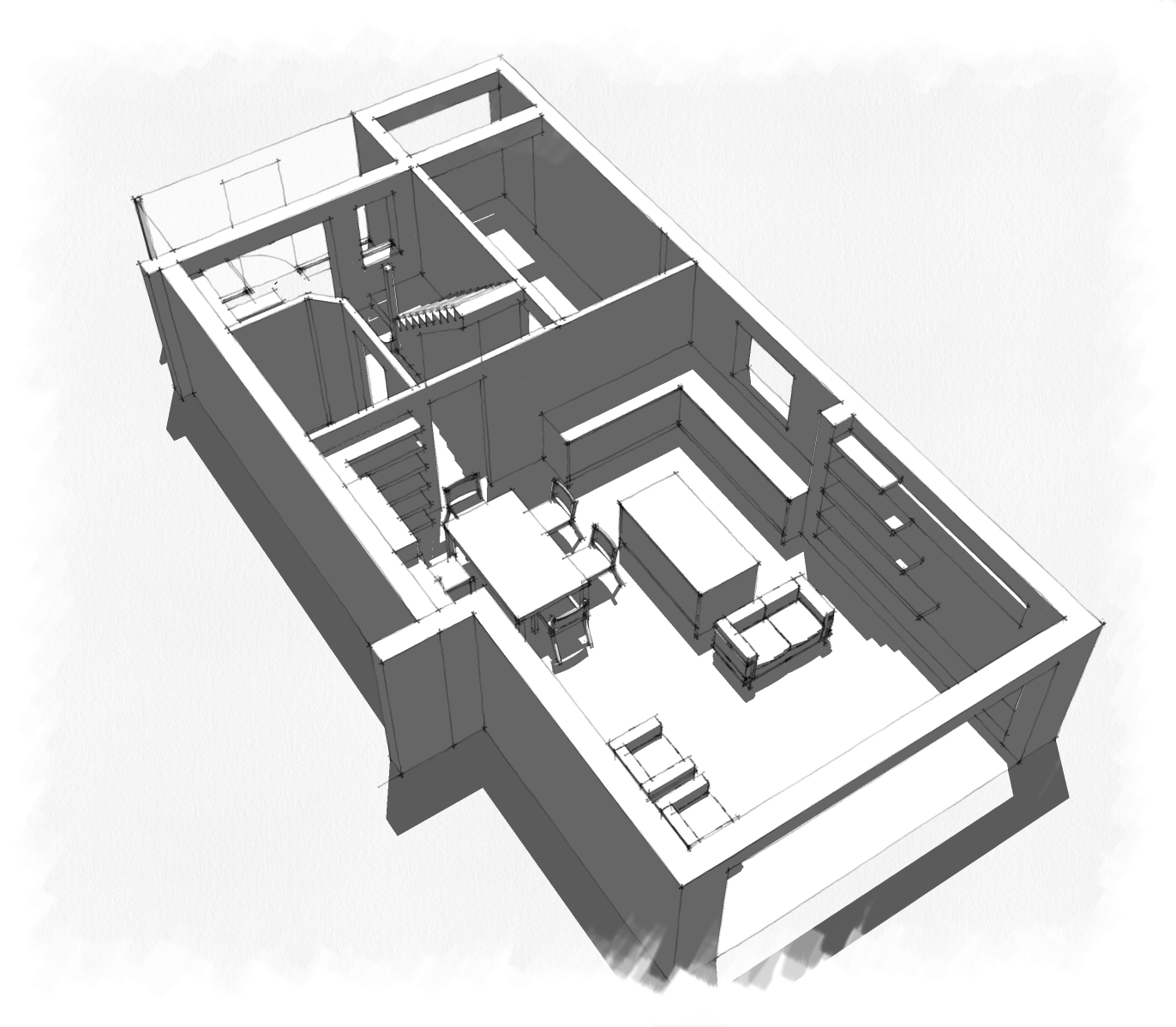Side birds eye view of house internal remodel areas seperated Option 4 
