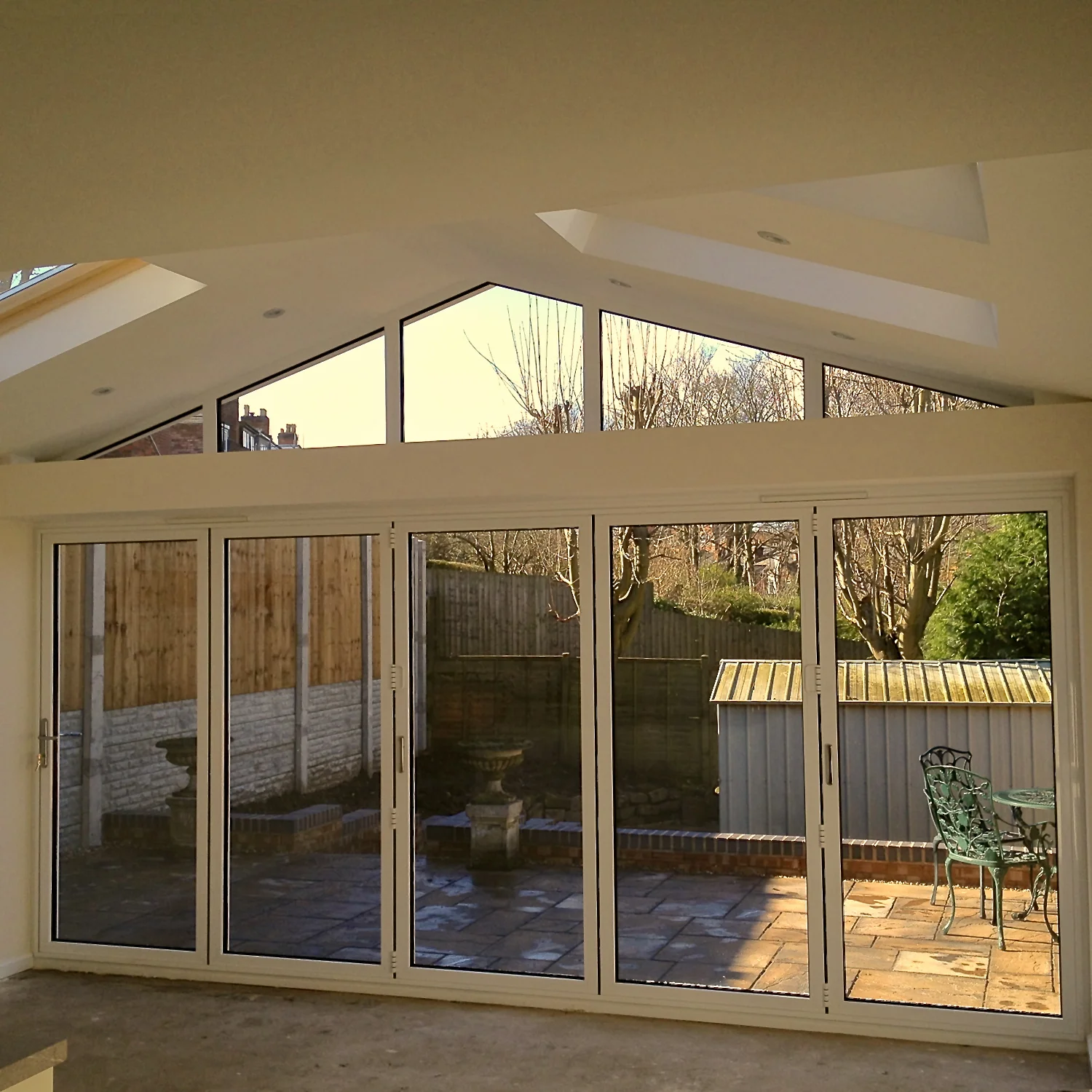 Internal view of external concertina doors with apex glazed roof