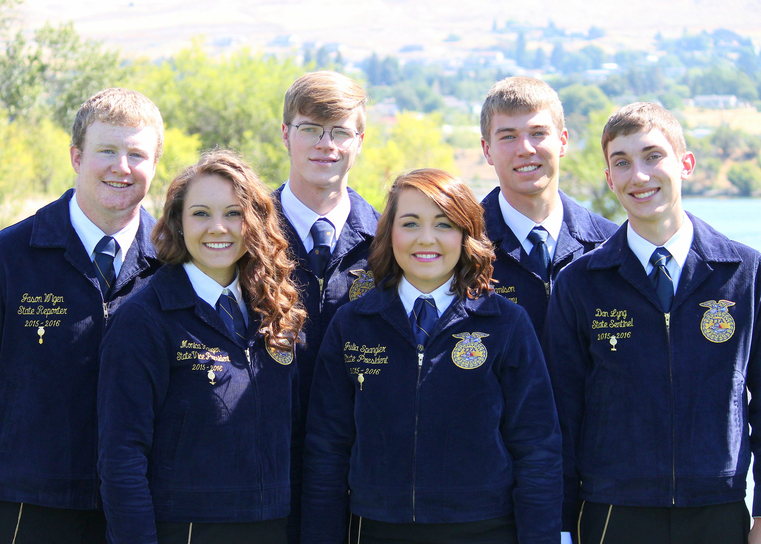 The 2015-2016 Washington FFA State Officers from left to right: Reporter Jason Wigen, Vice President Monica Haugen, Treasurer Dallas Tyus, President Julia Spangler, Secretary Mitch Jamison, Sentinel Dan Lyng.
