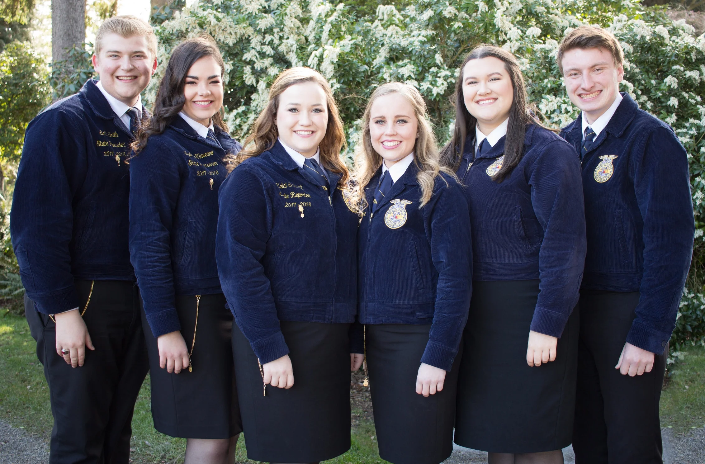 The 2017–2018 Washington FFA State Officers from left to right: President Seth Smith, Treasurer Sydney Klaveano, Reporter Kelci Scharff, Vice President Mollee Gray, Secretary Taylor Enns, Sentinel Matt Rounsley.