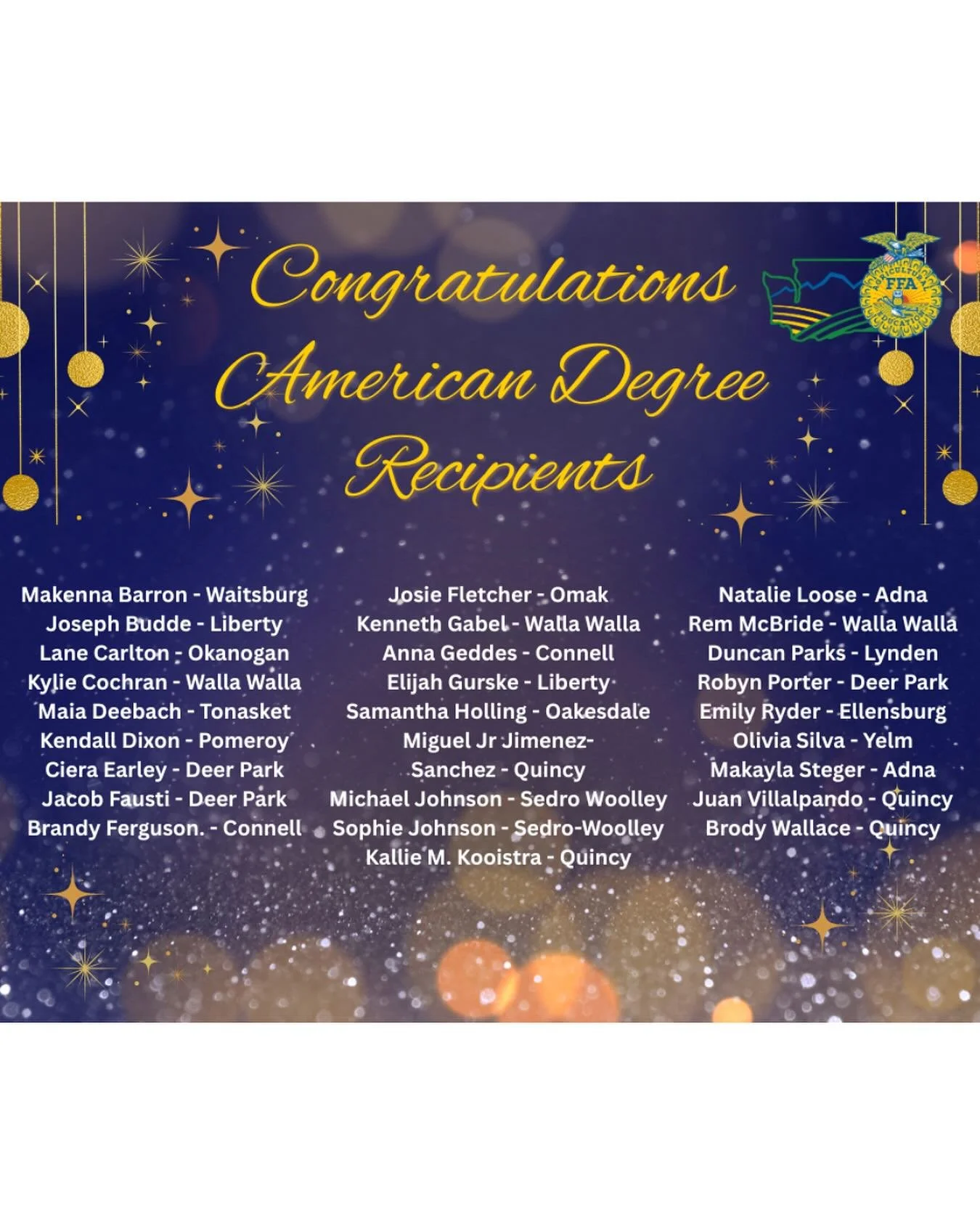 Congratulations to the 27 Washington State FFA members that have earned an American FFA Degree in 2025! This is the highest degree that can be bestowed on an FFA member. Look forward to cheering you all on as you cross the stage at the National FFA C