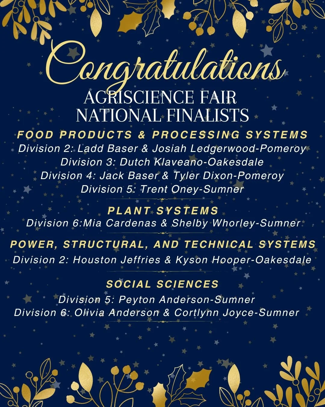 Congratulations to our National Agriscience, Proficiency, National Chapter, and Honorary American Degree Award Recipients. Good luck at nationals to the finalists who move on Indianapolis in October!