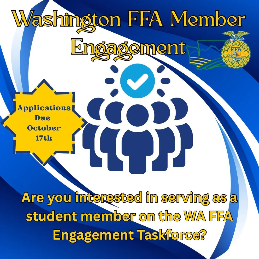 🌟Great Opportunity for WA FFA Members!🌟

Are you interested in helping Washington FFA create a welcoming environment for all members across Washington state? 

Then consider applying to serve on the Student Engagement Task Force. 🥳

The purpose of