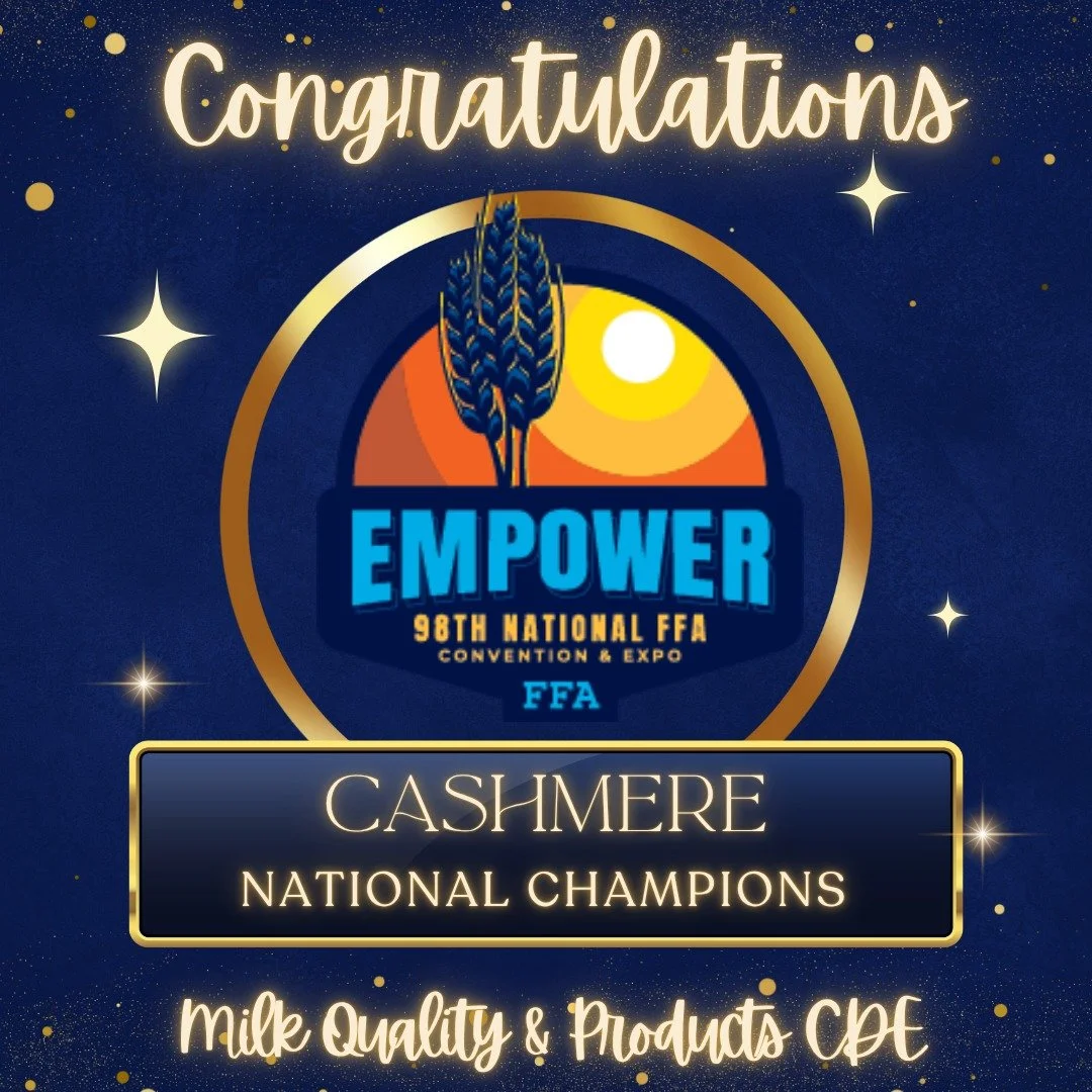 🚨NATIONAL CHAMPION ALERT🚨 Cashmere wins the National Milk Quality and Products CDE!!! Gloria Smith places 4th individually! Congratulations on bringing the title back to Washington!