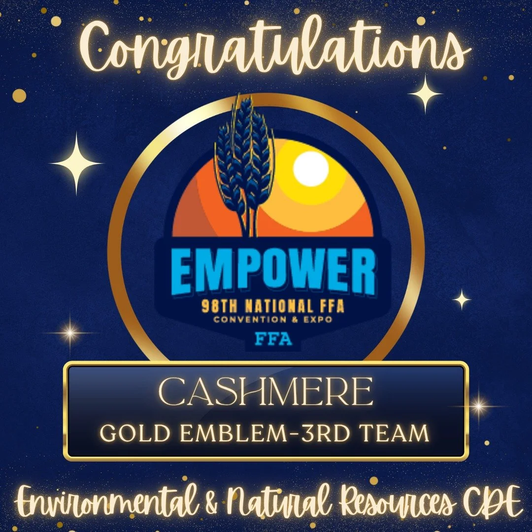 🚨CDE RESULTS🚨Congratulations to Cashmere FFA for placing 3rd in the nation in the Environmental &amp; Natural Resources CDE to day! Addi Poole was the 2nd high individual and Abigail Kim placed 6th individually. Way to go Cashmere!