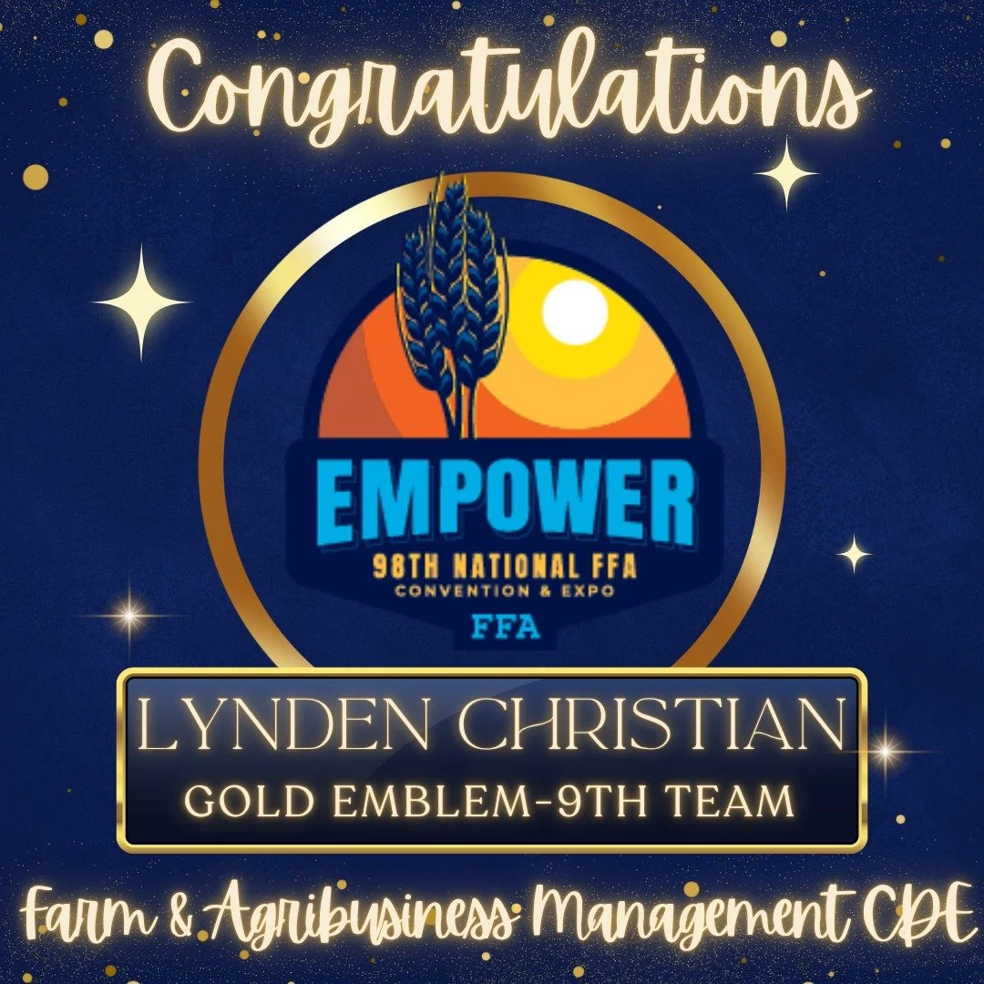 🚨CDE RESULTS🚨 Congratulations to Lynden Christian for receiving a Gold and placing 9th as a team in the Farm &amp; Agribusiness Management CDE! Austin Visser also placed 4th individually. Great Job!