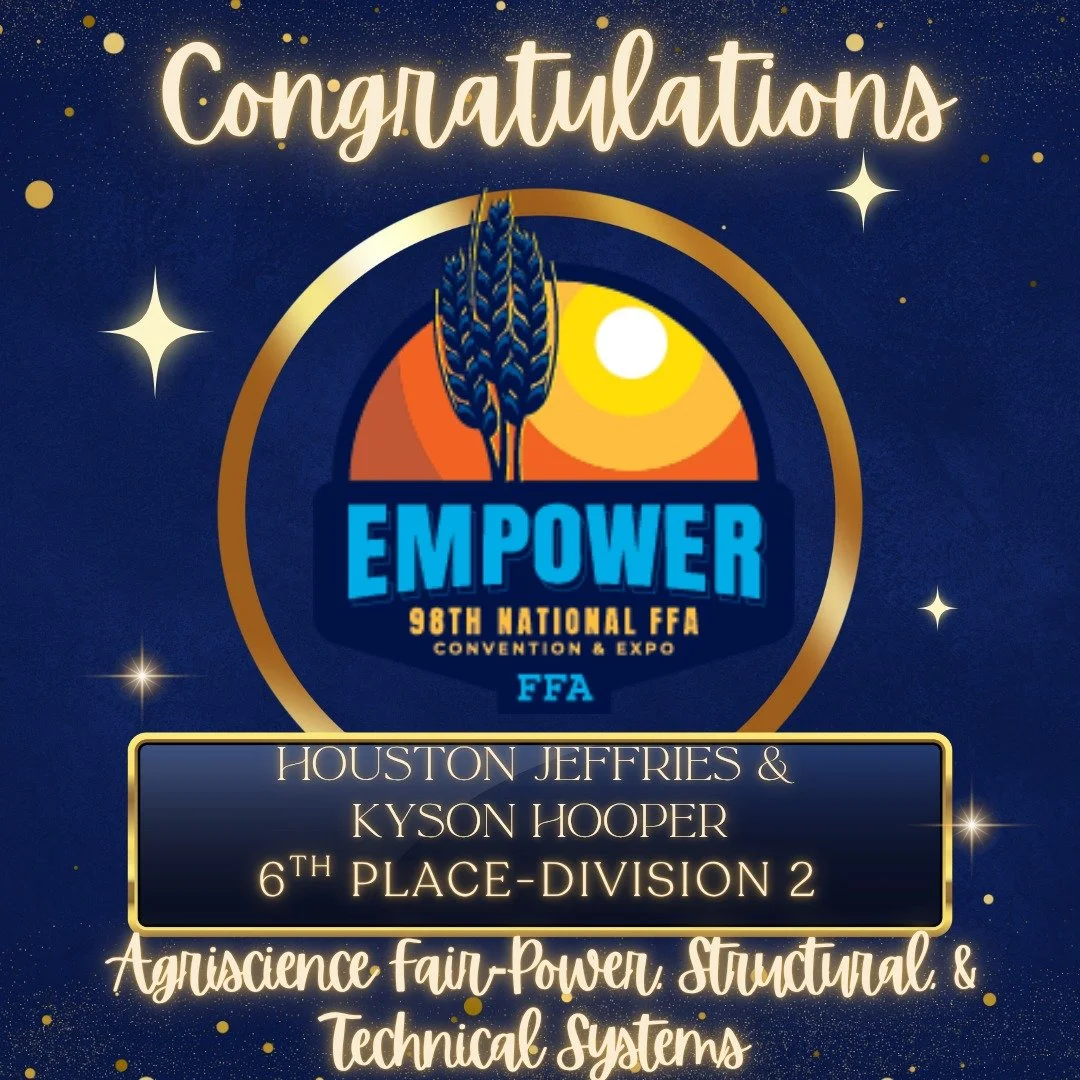 🚨AWARD RESULTS🚨 Congratulations to Houston Jeffries and Kyson Hooper for their placing in the National FFA Agriscience Fair! Great work!