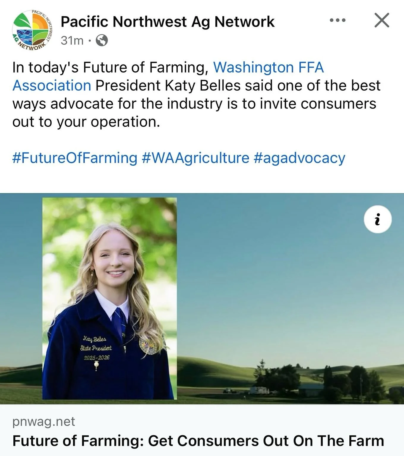 In today&rsquo;s Future of Farming, Washington FFA
Association President Katy Belles said one of the best ways advocate for the industry is to invite consumers out to your operation.
#FutureOfFarming #WAAgriculture #agadvocacy