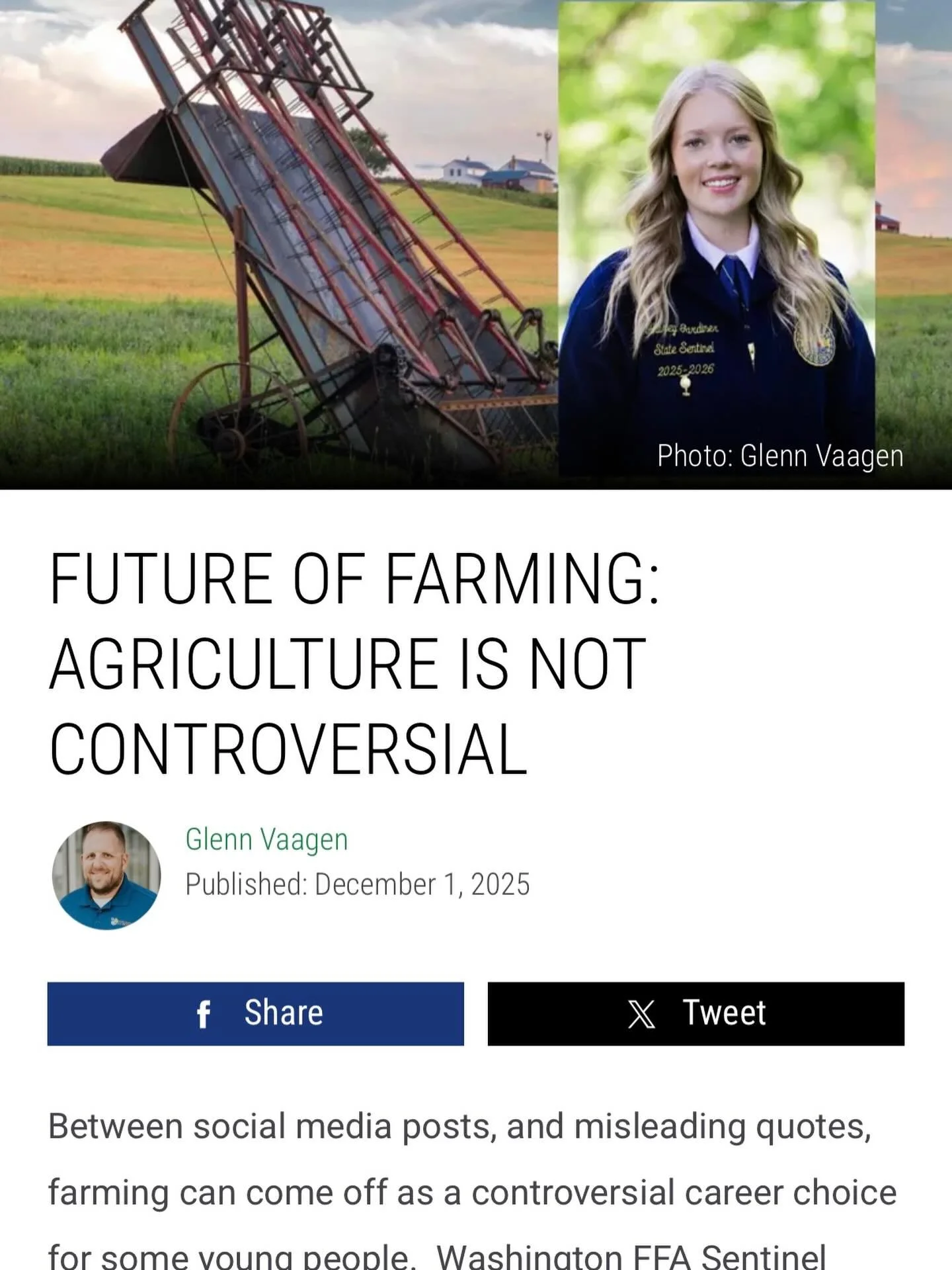 Check out the Future of Farming podcast featuring Aubrey Gardiner, Washington FFA State Sentinel. #futureoffarming

https://pnwag.net/ag-is-not-controversial/?fbclid=IwdGRjcAPE7u9leHRuA2FlbQIxMQBzcnRjBmFwcF9pZAo2NjI4NTY4Mzc5AAEeD_auBOe1HukXTSuOdLK6Wn