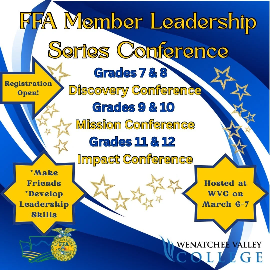 🌟WA FFA Member Leadership Series Registration Open!🌟

We&rsquo;re excited to host FFA members at Wenatchee Valley College for MLS on March 6-7! With 3 conference tracks there&rsquo;s something for everyone!

Grades 7-8 - Discovery Conference 🧭 
Gr