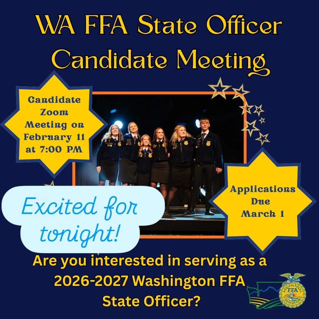 🌟Attention: WA FFA State Officer Candidates!🌟

Washington FFA is hosting a SOC Zoom Meeting tonight, February 11 at 7:00 PM for anyone interested in running🏃&zwj;♀️🏃&zwj;♂️ for state office this year. For more information and to get the Zoom link