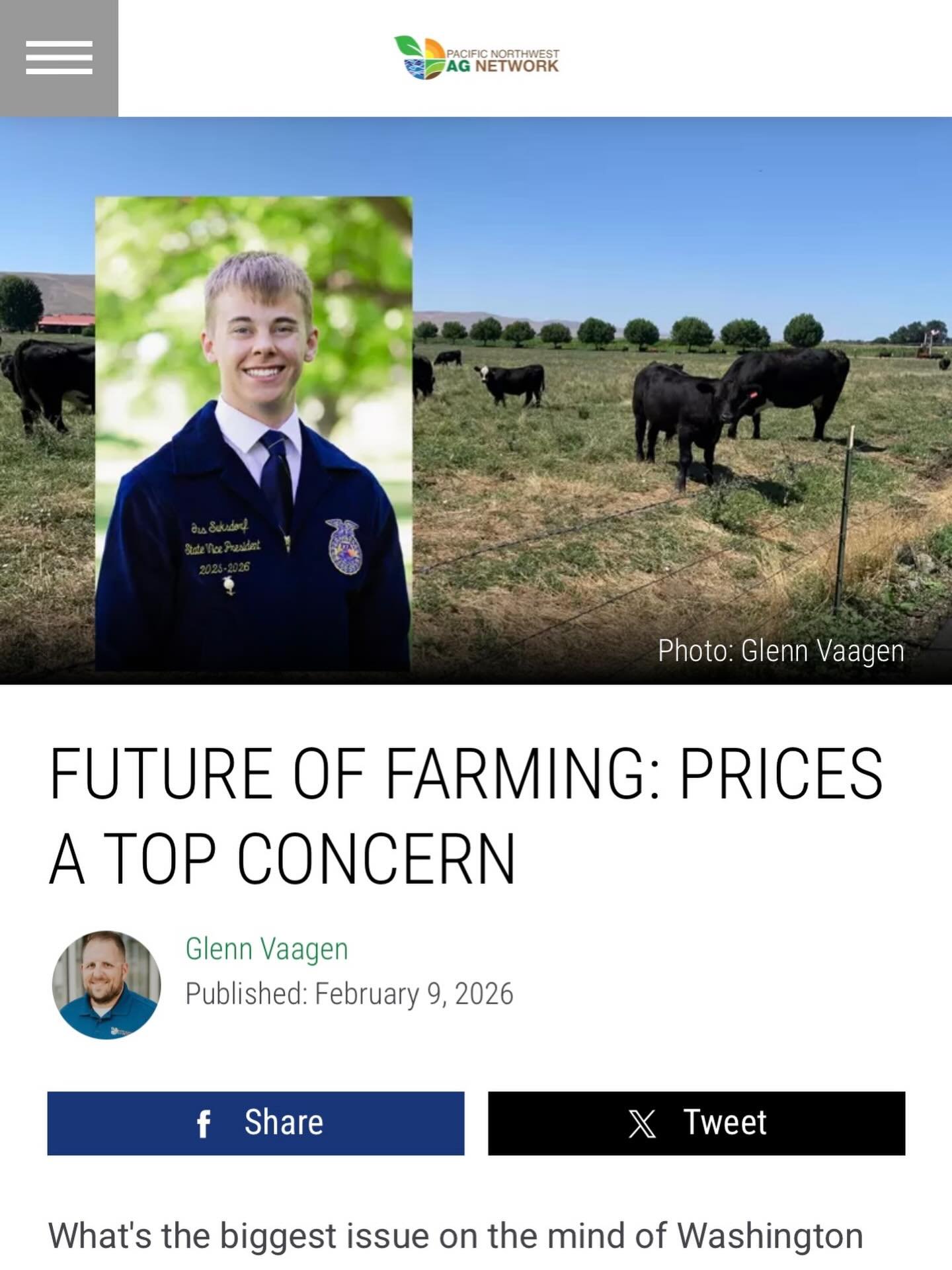Check out the final WA FFA edition of the Future of Farming featuring Gus Suksdorf, Washington FFA State Vice President. Many thanks to Pacific Northwest Ag Network for this opportunity!
https://pnwag.net/prices-a-top-concern/