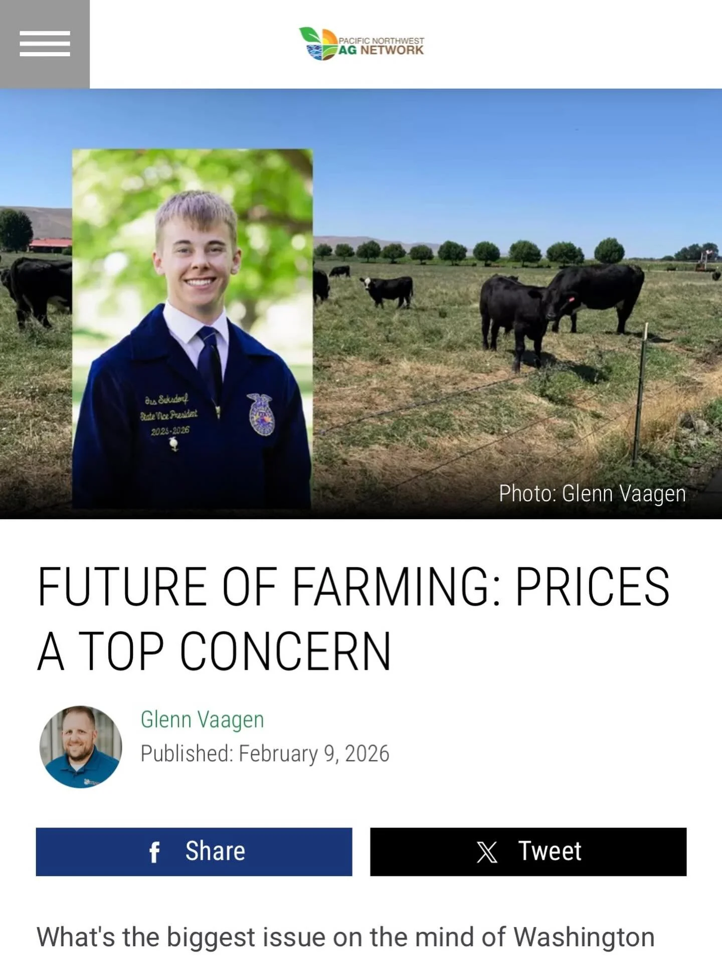Check out the final WA FFA edition of the Future of Farming featuring Gus Suksdorf, Washington FFA State Vice President. Many thanks to Pacific Northwest Ag Network for this opportunity!
https://pnwag.net/prices-a-top-concern/