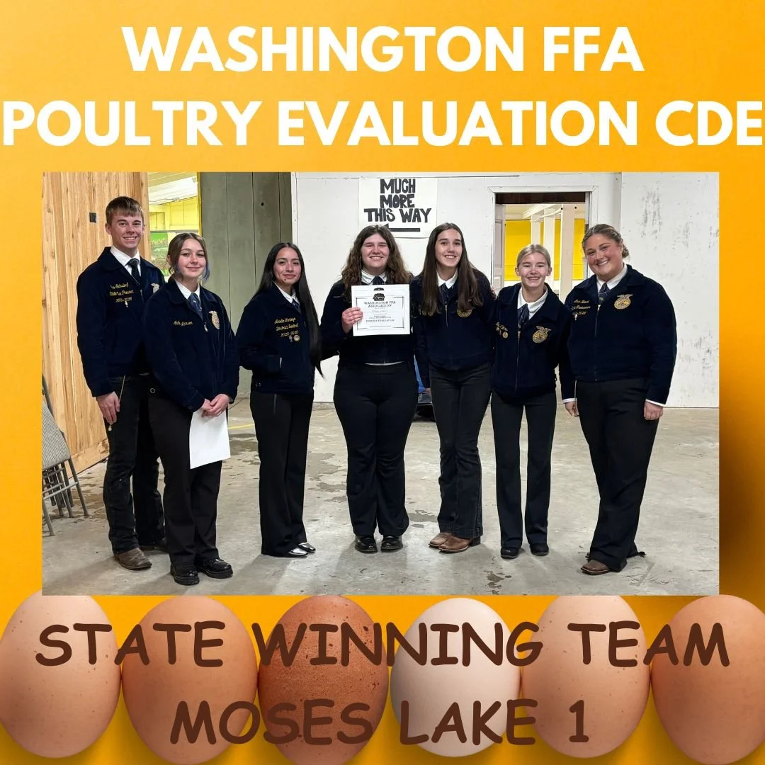 Congratulations to Moses Lake 1 for egg-celling at the Washington FFA Poultry Evaluation CDE today! 🐔🥚 They didn&rsquo;t just wing it&mdash;they cracked the competition and are now flying the coop all the way to Indianapolis this fall! ✈️

A sincer