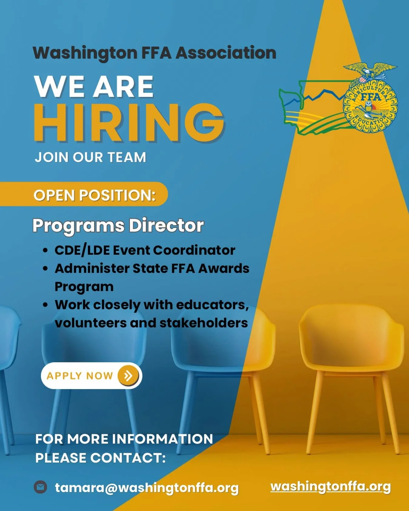 The Washington FFA Association is Hiring! 🥳

We are seeking qualified applicants to join our staff for the position of Programs Director.

The Programs Director is responsible for planning, coordinating, and executing statewide leadership and career