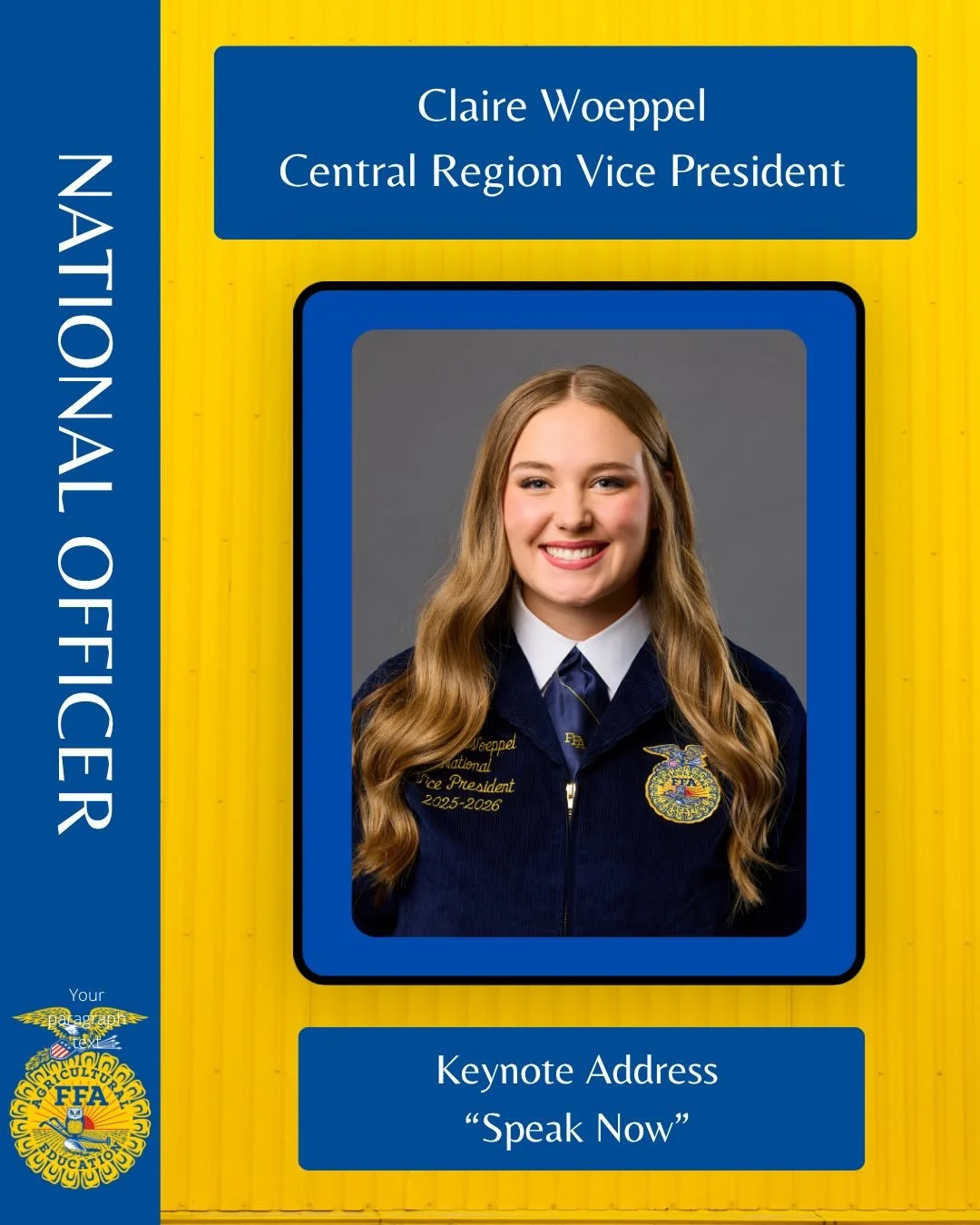🌲Warm Welcome to Washington!🌲

Washington FFA is excited to welcome Claire Woeppel, National FFA Central Region Vice President to the 96th Washington FFA State Convention &amp; Expo! She will be delivering a Keynote Address at the Friday night sess
