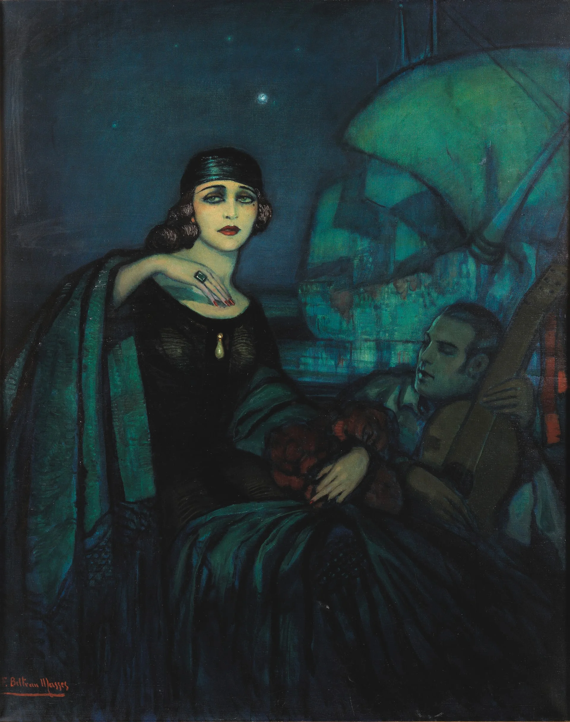 This painting by Federico Beltrán Masses depicts a reclining Valentino and his lover, Pola Negri, wearing the infamous ring