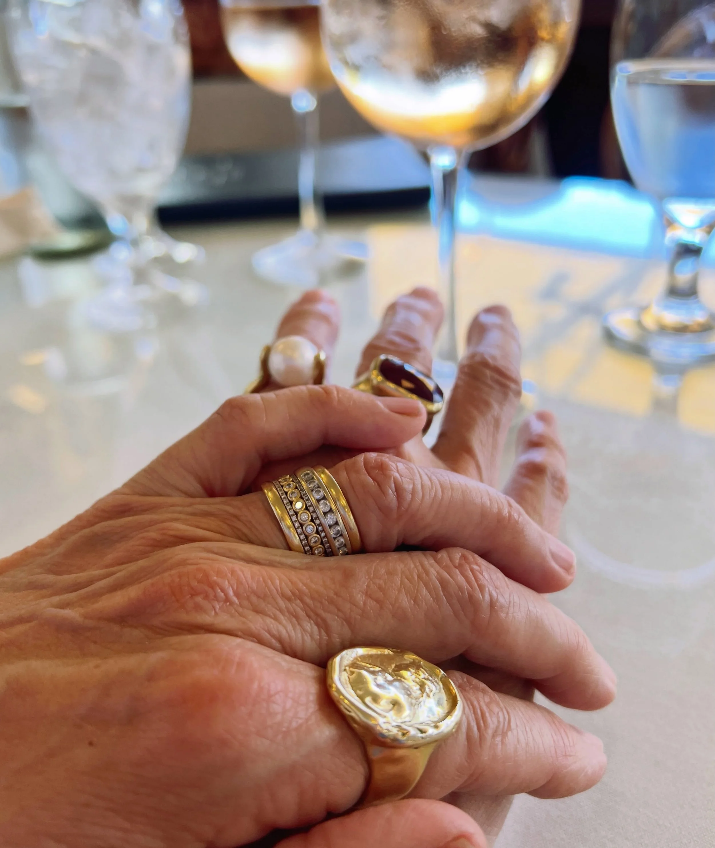 Rings and ros&eacute;. I do wear my Goddess signet and pearl rings often, though not always at the same time. For my birthday dinner I thought I&rsquo;d wear them like Penelope Cruz does in @theinvitemov, one on each pointer finger.😊 If you&rsquo;d 