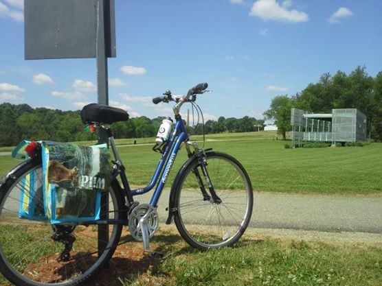 I went to my 5-year college reunion in May in NC. It was amazing to have the use of a bicycle (thanks for letting me borrow it, Lou!). Those are home-made, hand-sewn-by-Lou panniers from cat-food bags, by the way. The view is part of the NC Museum of Art