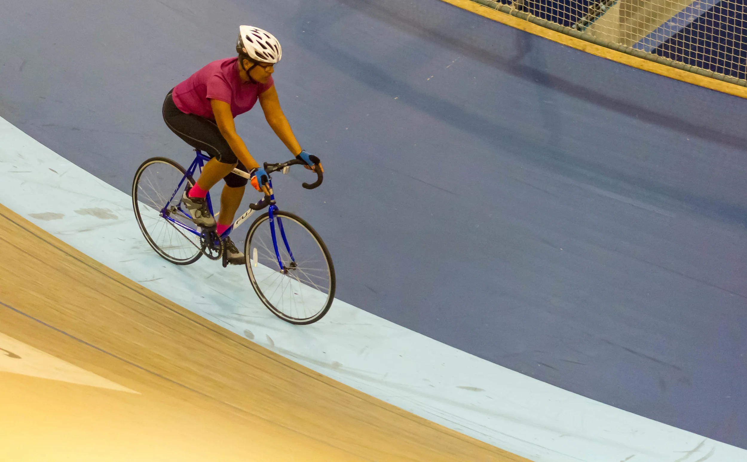 Kellie riding for the first time at the Velo Center in Carson.