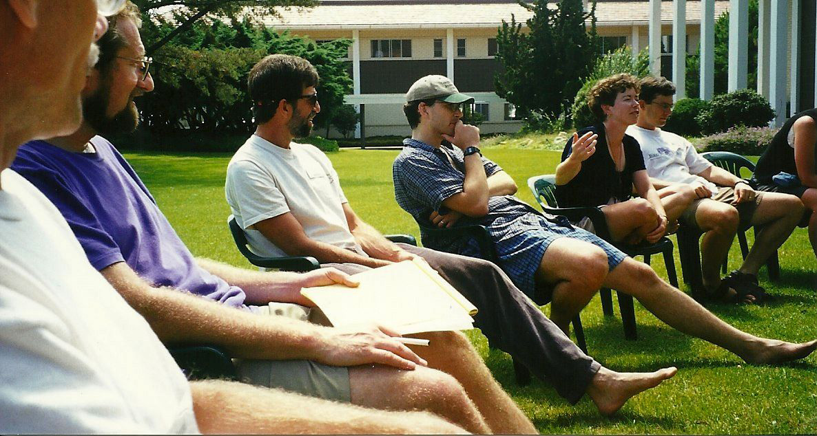 Susie Stephens speaks at the Thunderhead Retreat in Montecito CA. From left: Ron Reilly, Randy Neufeld, Tim Young, John Kaehny, Susie Stephens, and Chris Morfas.