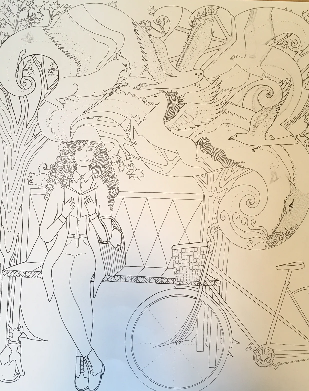 "Flights of Fancy" is the drawing I'm working on today. This is my second version of it. This is a shot from my iphone, next week it'll be professionally scanned so I can include it in a downloadable pdf as of May for National Bike Month.