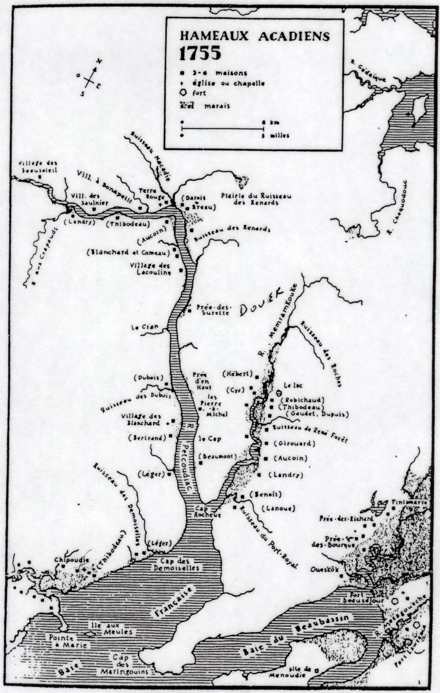 This reproduction of an Acadian map dated 1755 shows the location of Acadian settlements in that year in Albert County and Westmorland County. The map shows the number of houses and churches in a settlement, in addition to the location of marsh dykes. Robbie Elliott