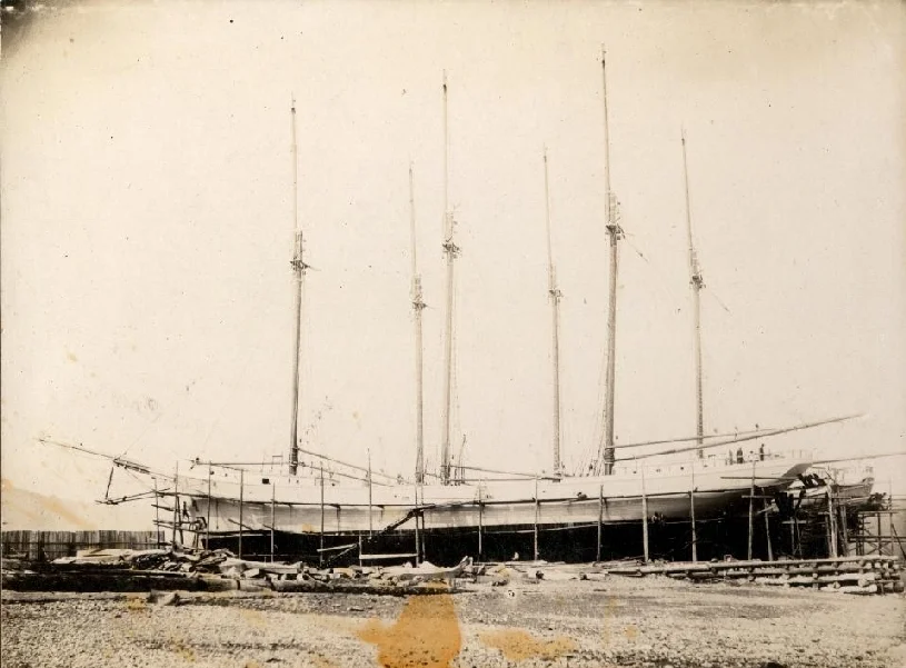 This photo is of the Vincent White under construction in Alma in 1918. The Vincent and its sister ship the Meredith (seen behind the Vincent) were built for C.T. White & Son Ltd. They were named for C.T. White’s twin children.