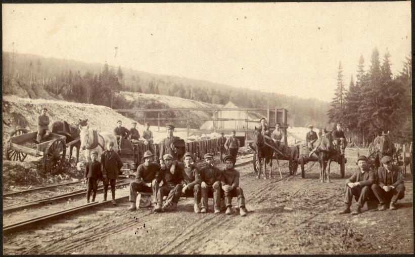   Photo of a loading area where train cars were loaded with gypsum and sent to the mill.   1890   Hillsborough, New Brunswick, Canada  