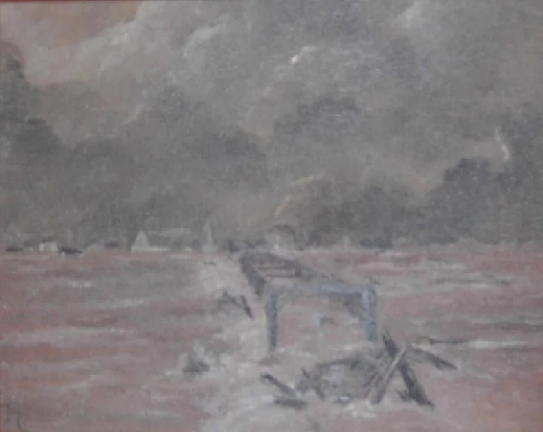 Painting depicting the destruction of Gunningsville Bridge in Riverview caused by the Saxby Gale. Riverview, Albert County, New Brunswick