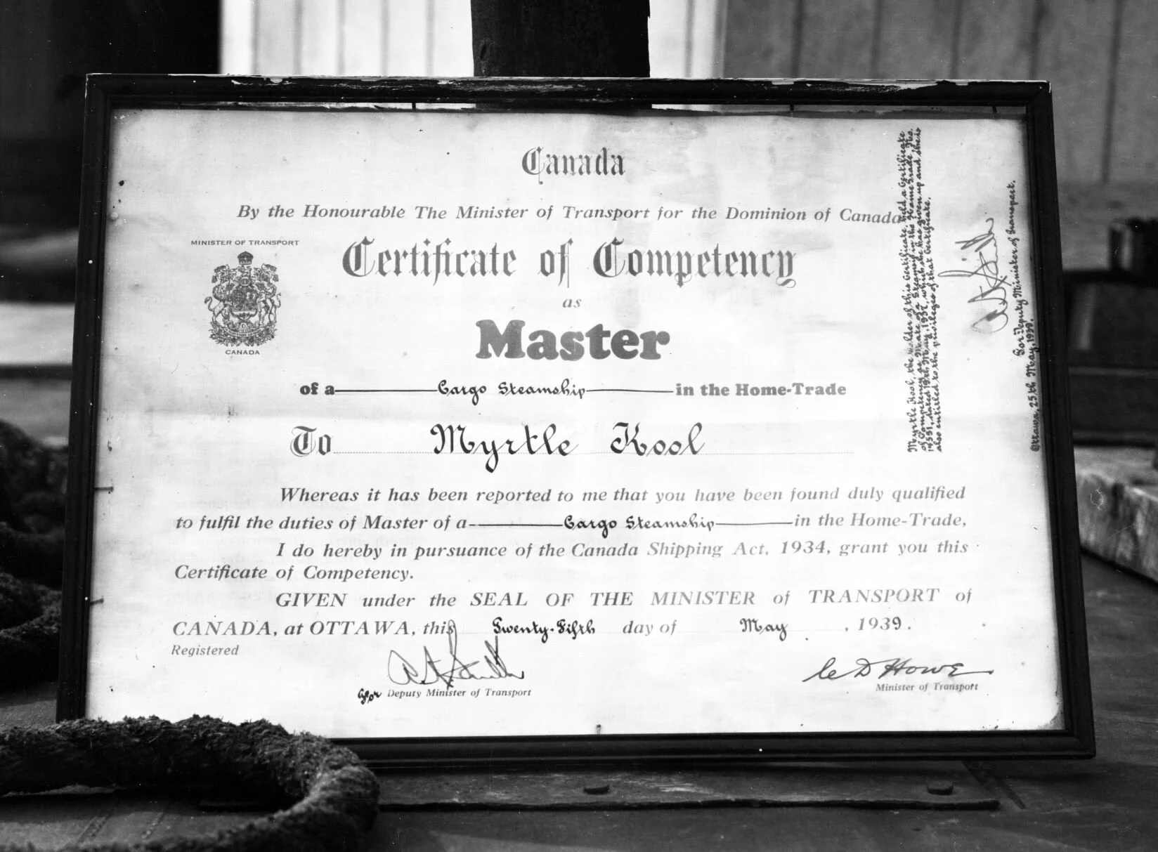 Myrtle “Molly” Kool’s certificate of Master of a Cargo Steamship. From New Brunswick Archives P93-AL-188