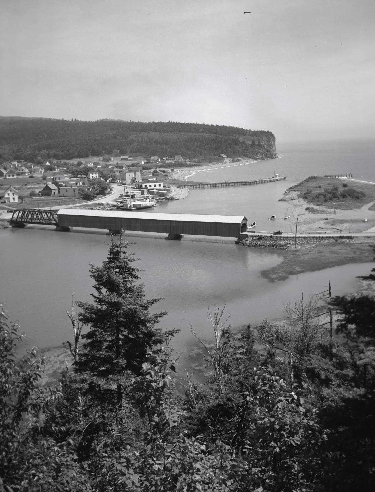 View from Hillside of covered bridge, shoreline and the town of Alma in the background, c.1950.. From Archives New Brunswick P93-AL-222.