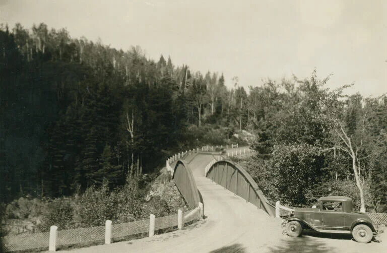 H. W. Beecher Smith, &nbsp;The Old Iron Bridge, across the Narrows of the Pollett River near the Gordon Falls, Elgin, OCTOBER 1932: From the William Francis Ganong Collection, New Brunswick Museum, 1987-17-617