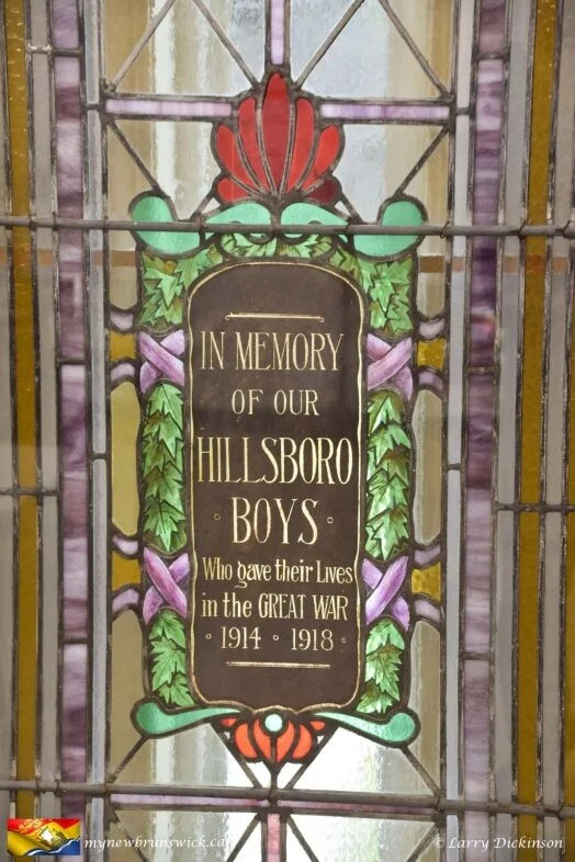The Hillsborough stained glass from Peck Memorial Hall from the MyNewBrunswick.ca website, used with permission..