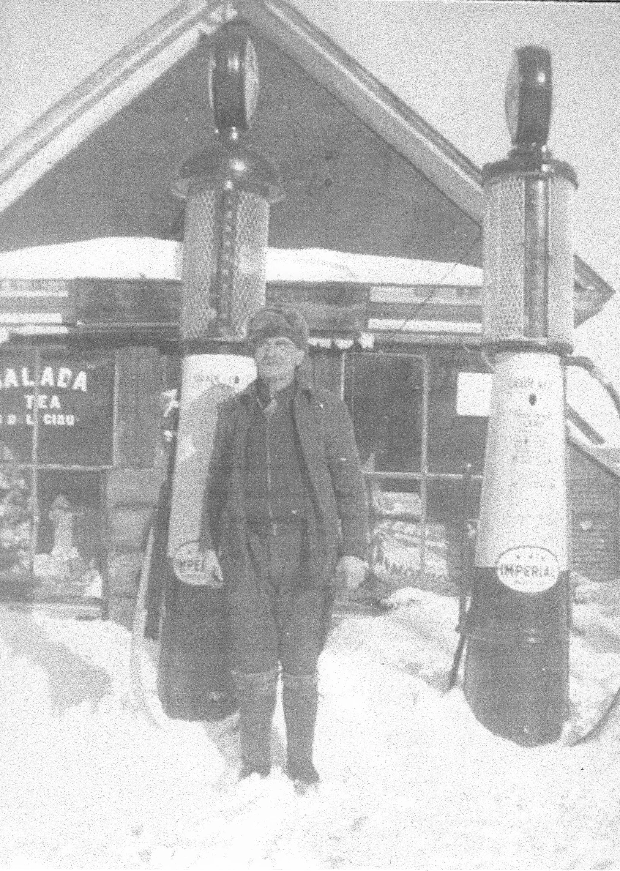 Frank Steeves (Gay) Store and gas pumps in Surrey. From the Vaughn Snider Collection